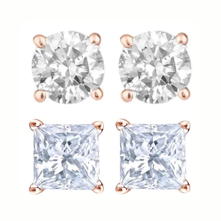 Paris Jewelry 14K Rose Solid Gold Created White Diamond 1/4Ct, 1/2Ct, 1Ct, 2Ct, 3Ct Round and Princess Stud Earrings 2 Pairs for Men