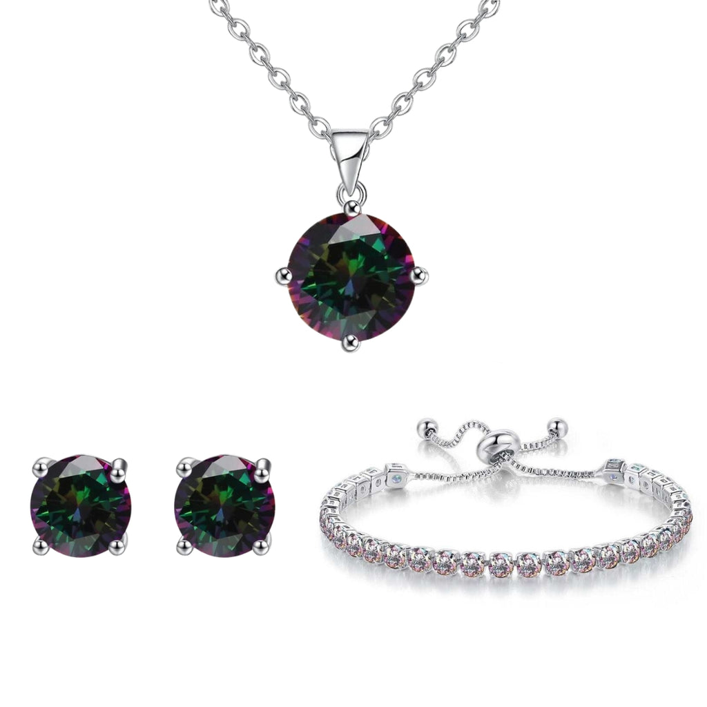 18k White Gold 7 Ct Round Created Mystic Set of Necklace, Earrings and Bracelet Plated