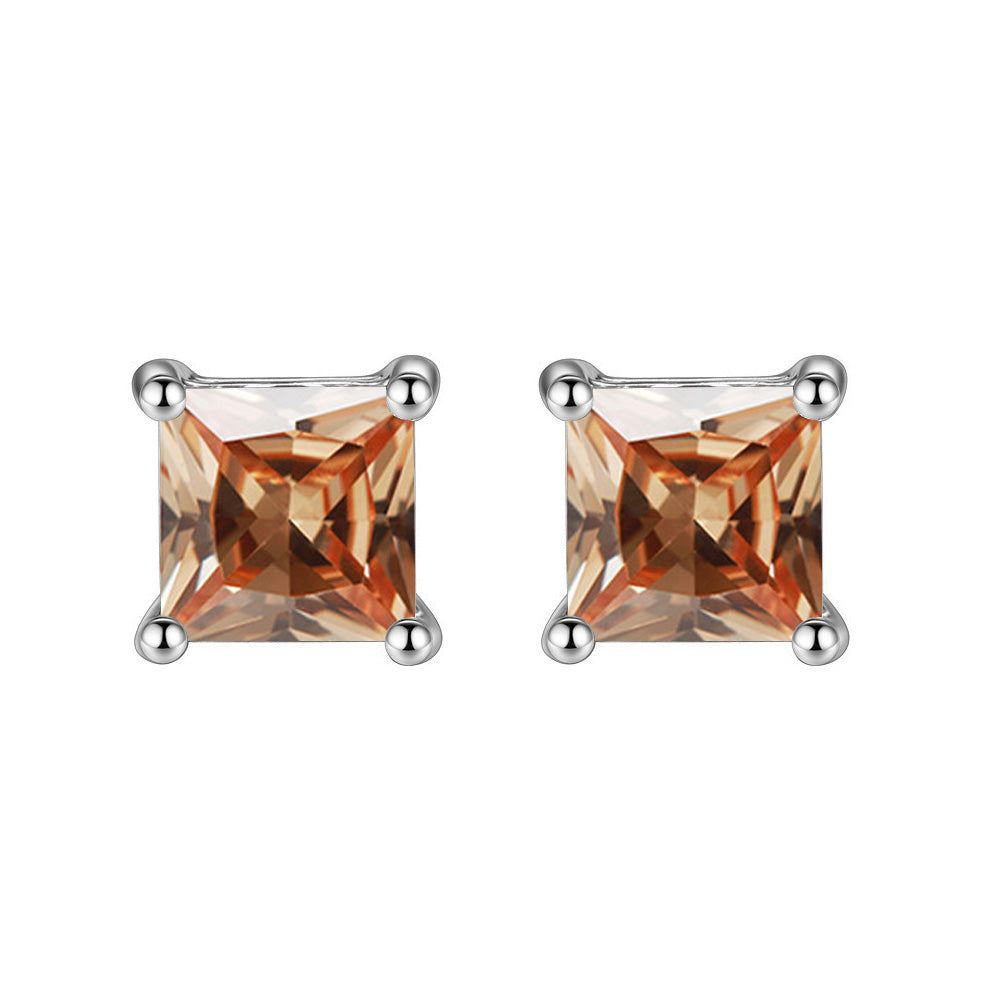 14k White Gold Plated 4 Carat Square Created Champagne Sapphire Stud Earrings