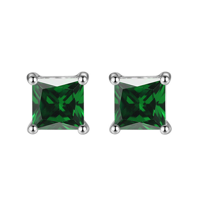 14k White Gold Plated 2 Ct Square Created Emerald Stud Earrings