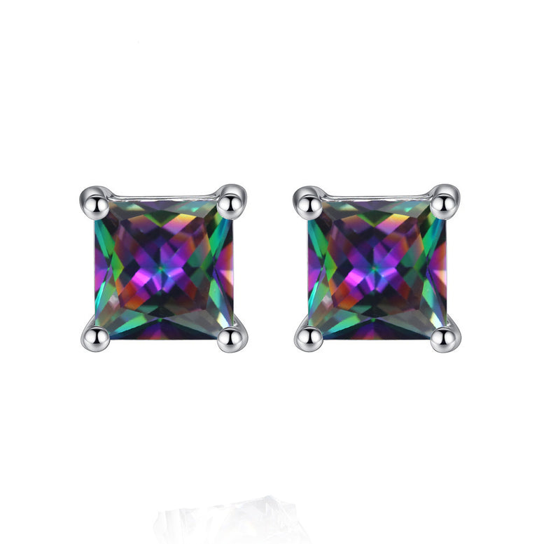 14k White Gold Plated 4 Carat Square Created Mystic Topaz Stud Earrings