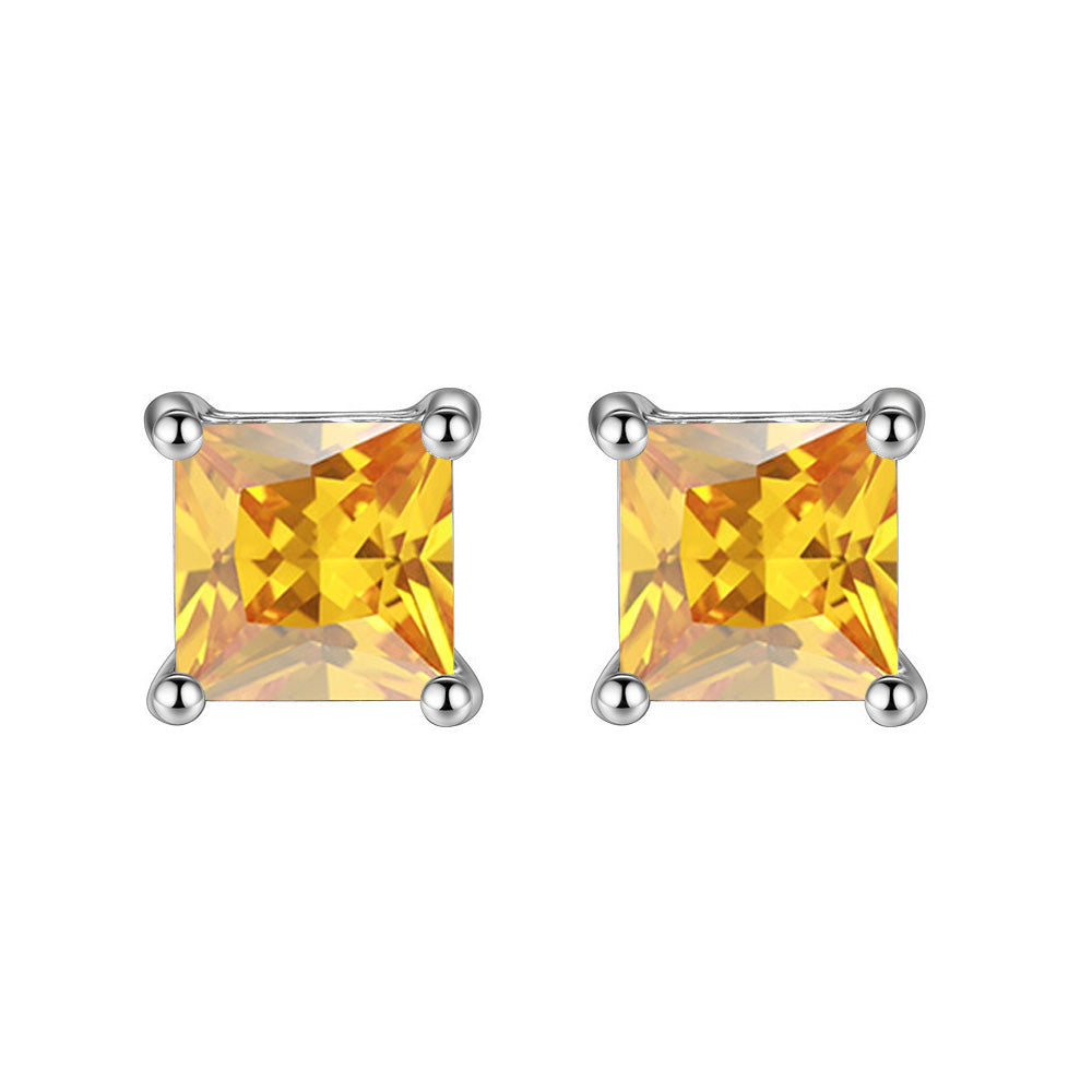 10k White Gold Plated 4 Carat Square Created Yellow Sapphire Stud Earrings