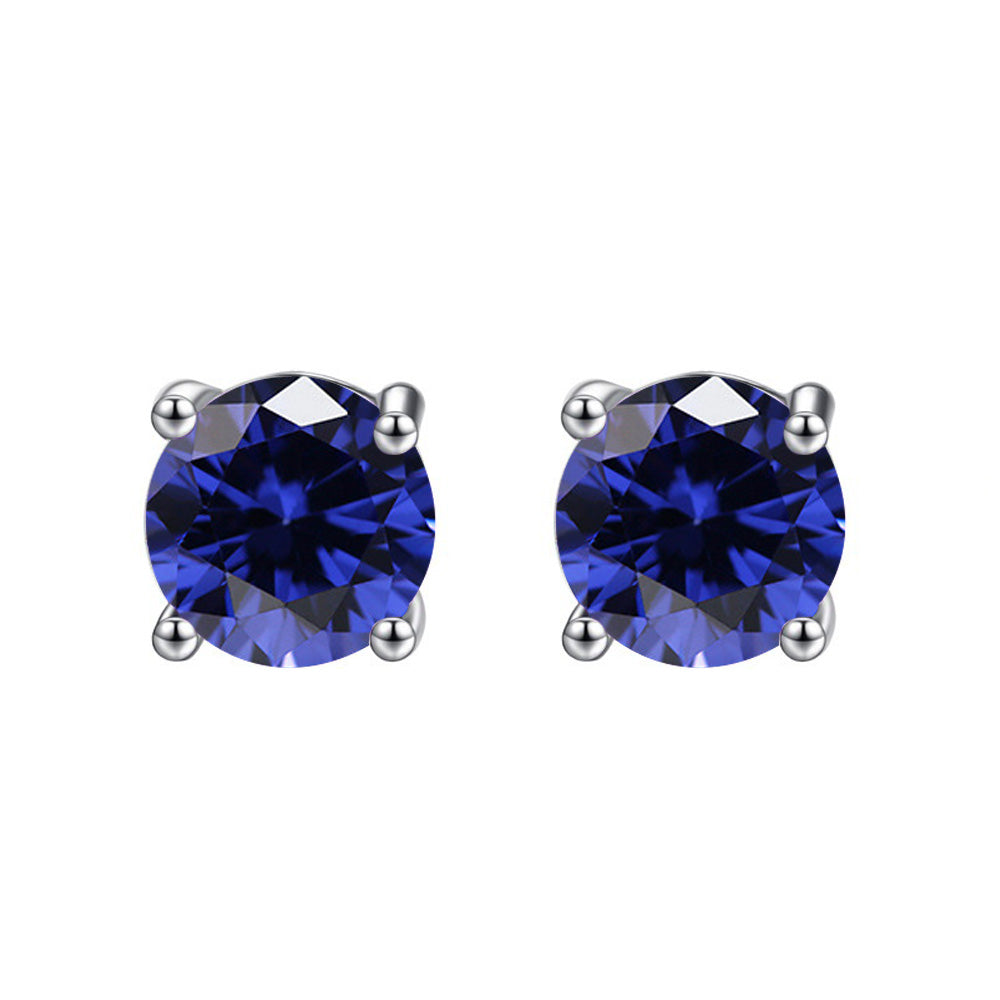 10k White Gold Plated 1 Carat Round Created Blue Sapphire Stud Earrings