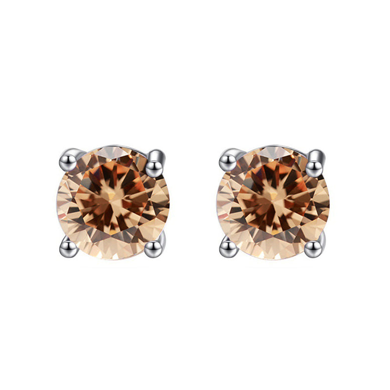 10k White Gold Plated 4 Carat Round Created Champagne Sapphire Stud Earrings