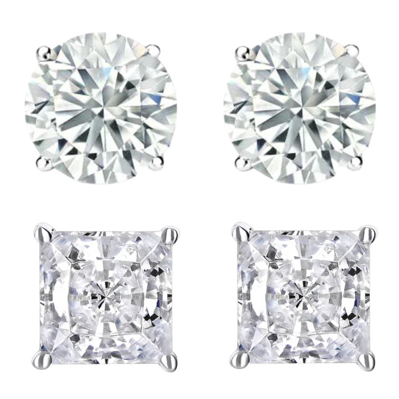14k White Gold 1/4 Carat Solitaire Created Diamond 2 Pair Round and Princess Stud Earrings