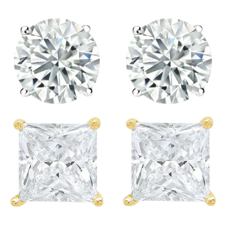 14k White and Yellow Gold 1/2 Carat Solitaire Created Diamond 2 Pair Round and Princess Stud Earrings