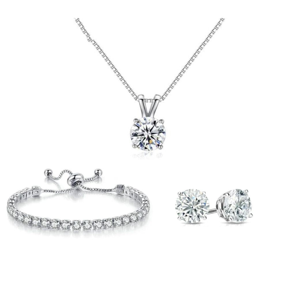 18K White Gold 3 Set Created White Sapphire Round Necklace, Earrings and Tennis Bracelet Plated