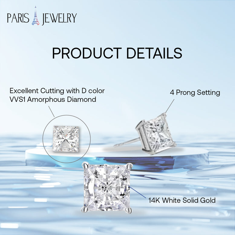Paris Jewelry 14K White Solid Gold Created White Diamond Princess 1/4Ct, 1/2Ct, 1Ct, 2Ct, 3Ct Stud Earrings - D/VVS1