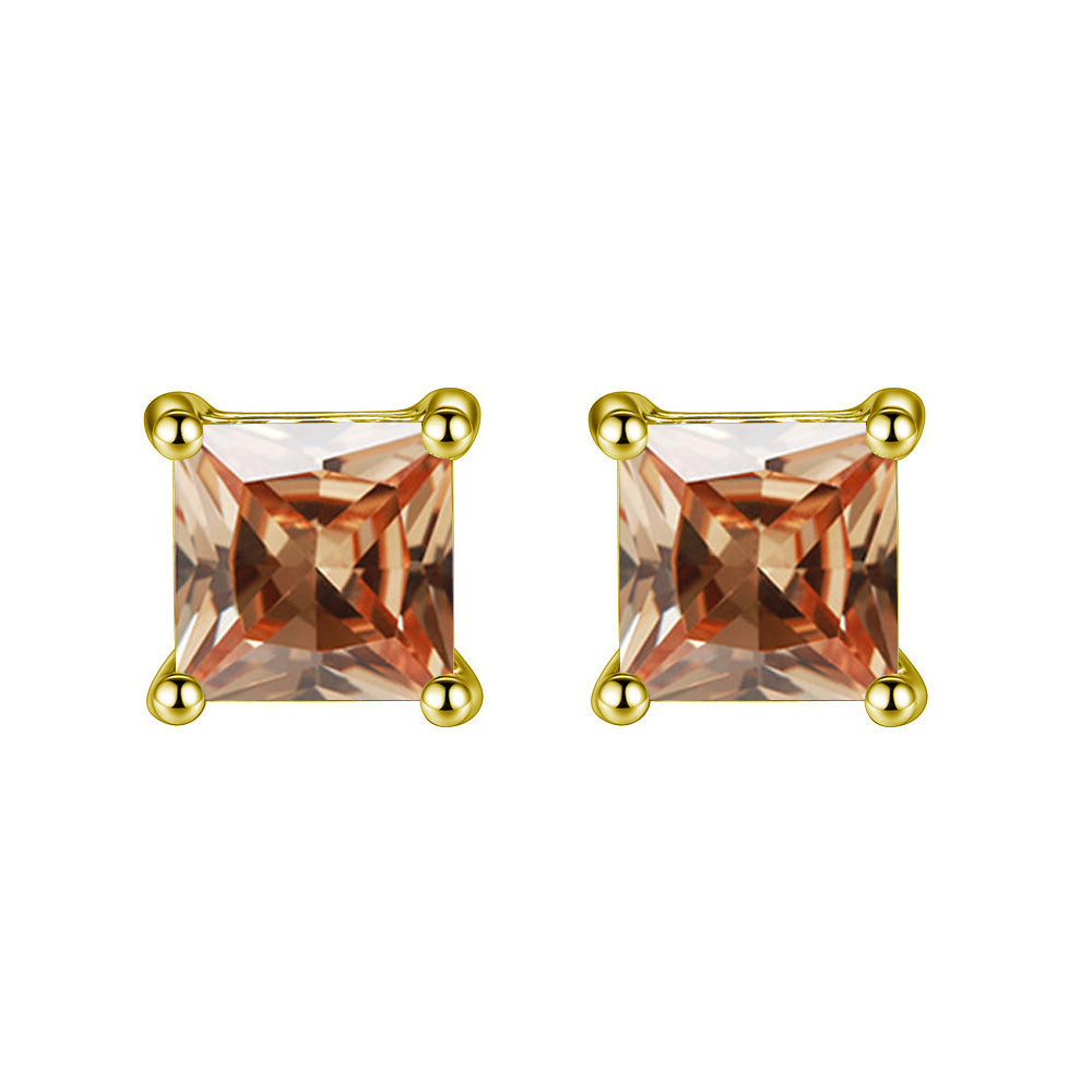 14k Yellow Gold Plated 3 Carat Princess Cut Created Champagne Sapphire Stud Earrings