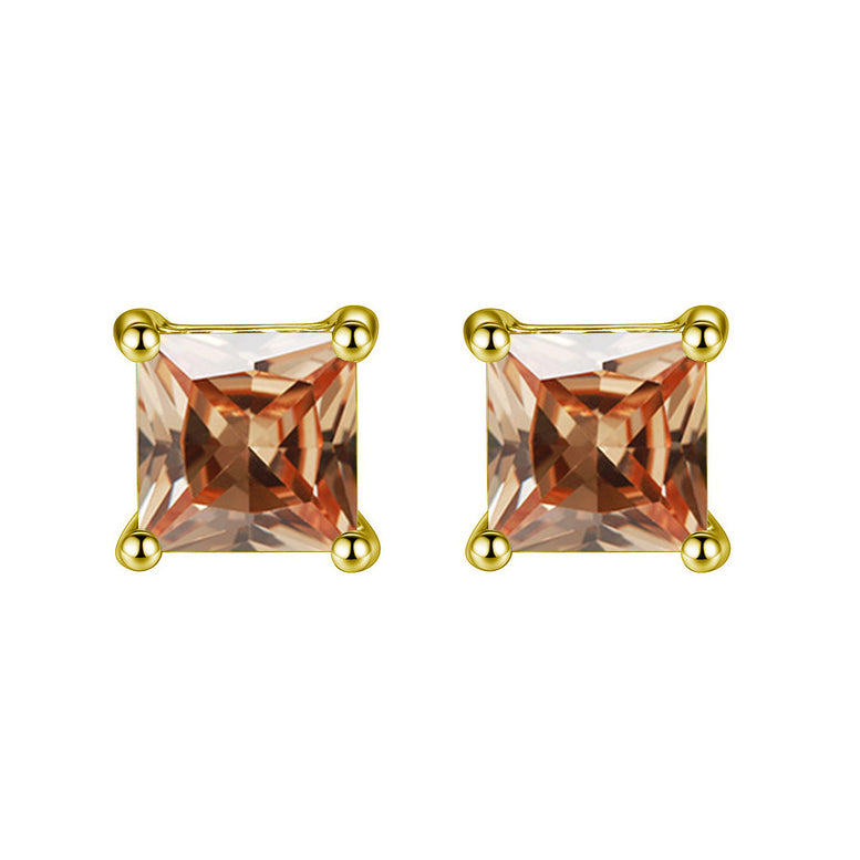 10k Yellow Gold Plated 4 Carat Princess Cut Created Champagne Sapphire Stud Earrings