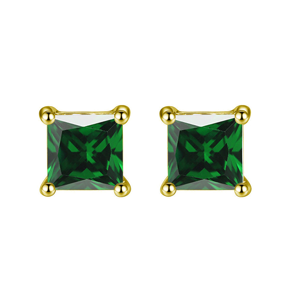 14k Yellow Gold Plated 4 Ct Square Created Emerald Stud Earrings