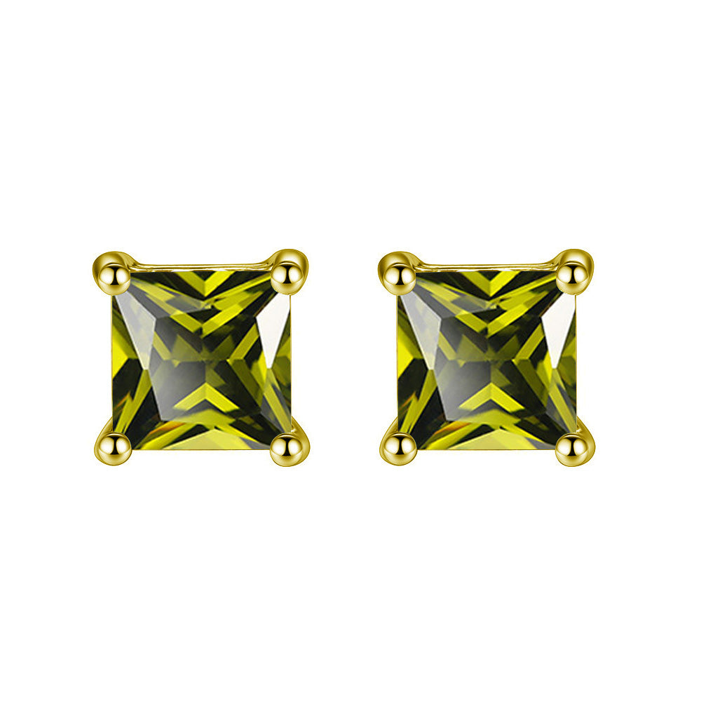 24k Yellow Gold Plated 2 Cttw Peridot Princess Cut Stud Earrings