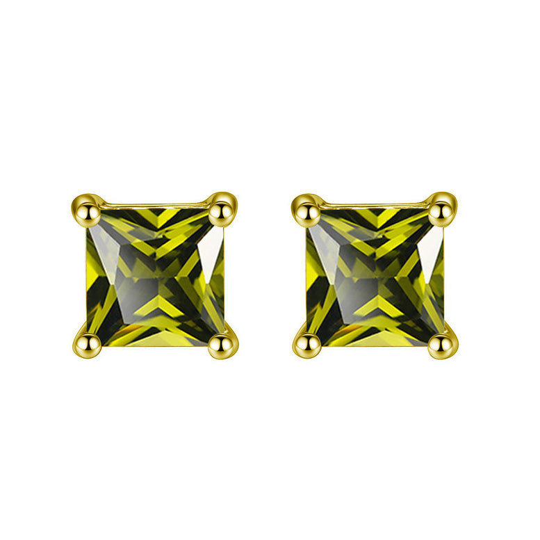 24k Yellow Gold Plated 2 Cttw Peridot Princess Cut Stud Earrings