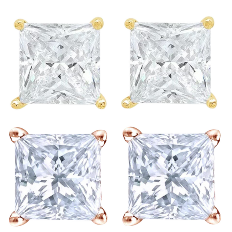 14k Yellow And Rose Gold 1/4 Carat Solitaire Created Diamond 2 Pair Princess Stud Earrings