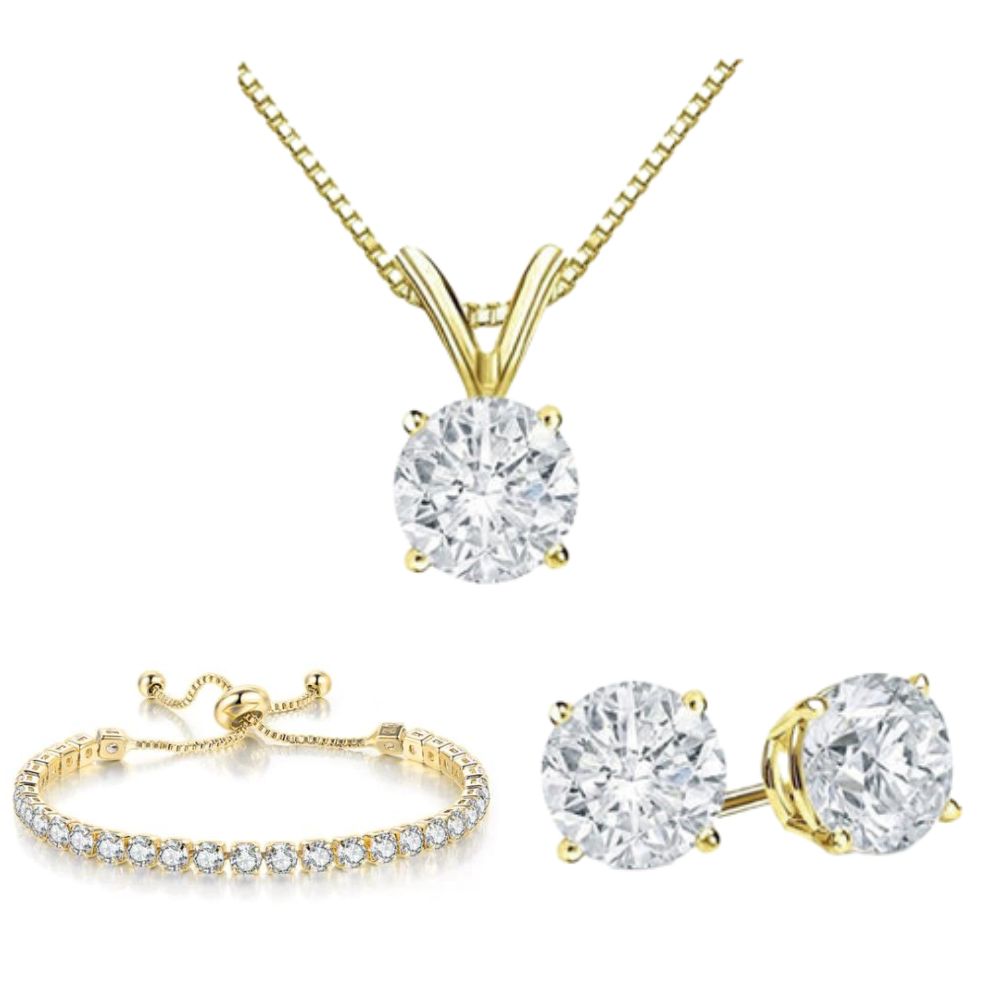 18K Yellow Gold 3 Set Created White Sapphire Round Necklace, Earrings and Tennis Bracelet Plated