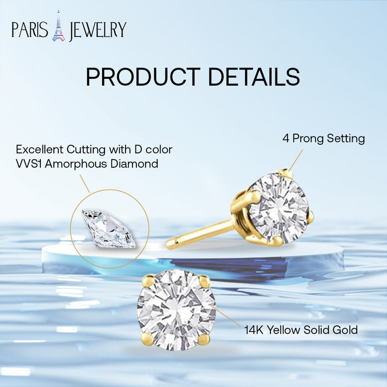 Paris Jewelry 14K Yellow Solid Gold Created White Diamond Round 1/4Ct, 1/2Ct, 1Ct, 2Ct, 3Ct Stud Earrings - D/VVS1
