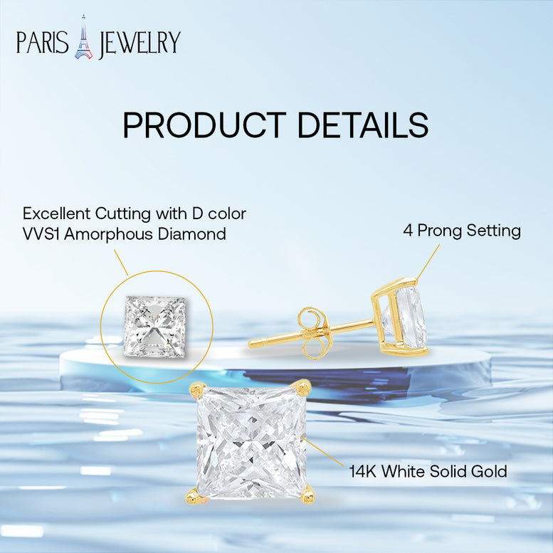 Paris Jewelry 14K Yellow Solid Gold Created White Diamond Princess 1/4Ct, 1/2Ct, 1Ct, 2Ct, 3Ct Stud Earrings - D/VVS1