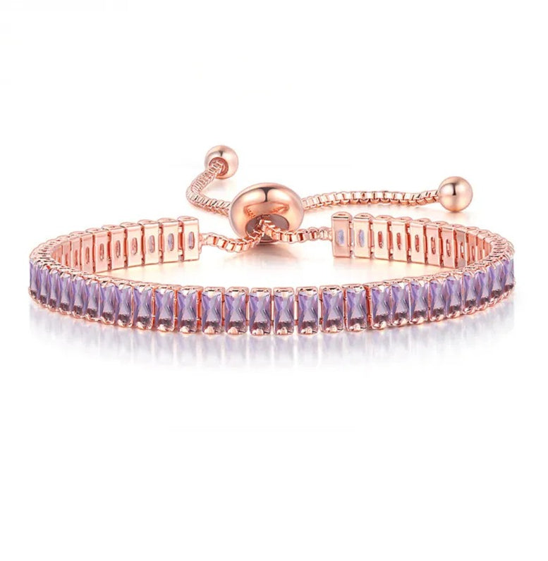 18K Rose Gold Created Amethyst Princess Halo Pendant Necklace, Earrings and Tennis Bracelet Jewelry Set Plated