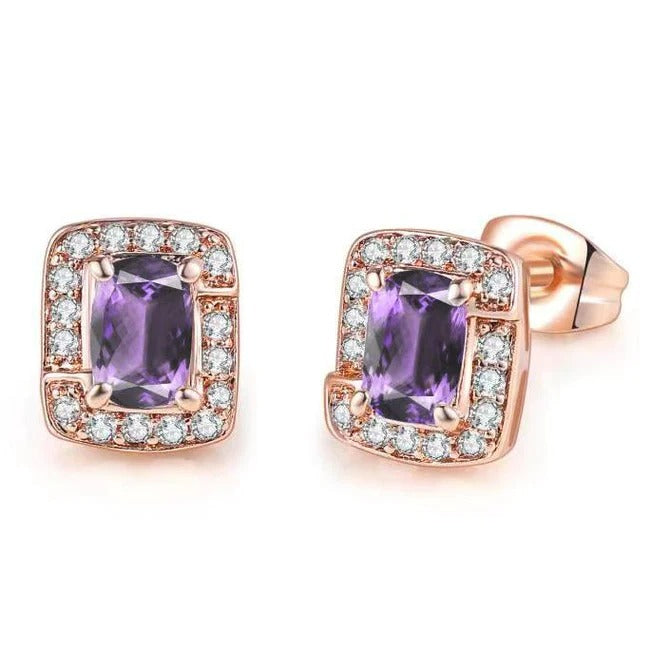 18K Rose Gold Created Amethyst Princess Halo Pendant Necklace, Earrings and Tennis Bracelet Jewelry Set Plated