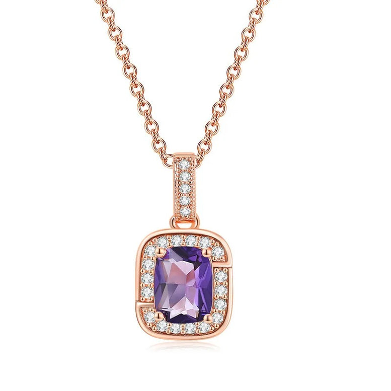 18K Rose Gold Created Amethyst Princess Halo Pendant Necklace, Earrings and Tennis Bracelet Jewelry Set Plated