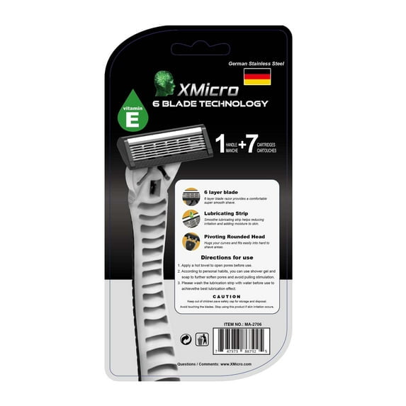 XMicro Razors for Men, 1 Razor, 7 Blade Refills with German Stainless Steel, Lubricated with Vitamin E for Smooth Shave, Shields Against Irritation, Version X