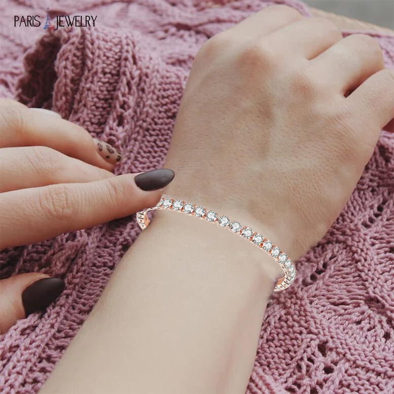 Paris Jewelry 24K Rose and White Gold 6ct Created White Sapphire Round Adjustable Tennis Bracelet Unisex Plated