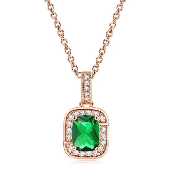 18K Rose Gold Created Emerald Princess Halo Pendant Necklace, Earrings and Tennis Bracelet Jewelry Set Plated