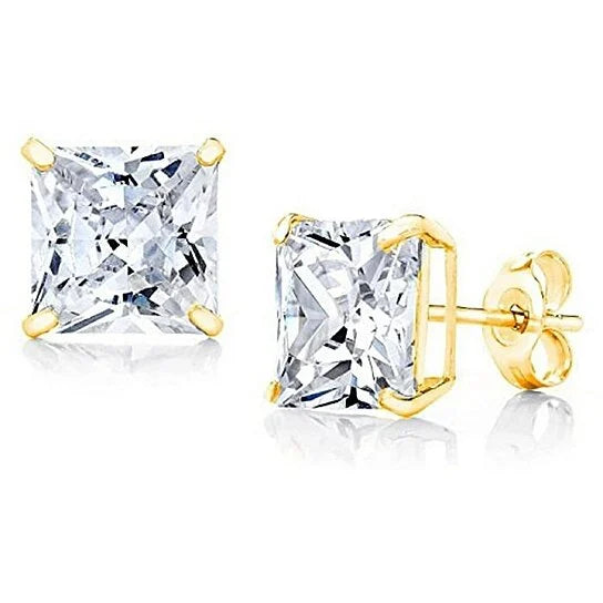 Paris Jewelry 18K Yellow Gold White Sapphire 4 Carat Square Stud Earrings