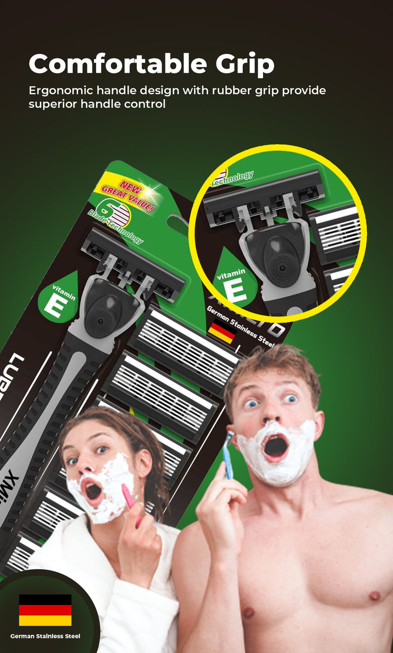 XMicro Razors For Men & Women, 1 Razor, 7 Blade Refills With German Stainless Steel, Lubricated With Vitamin E For Smooth Shave, Shields Against Irritation, Version X