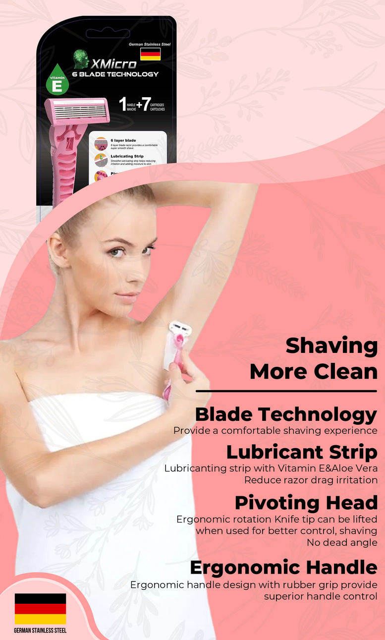 XMicro Pink Razors for Women, 1 Razor, 7 Blade Refills with German Stainless Steel, Lubricated with Vitamin E, Aloe for Smooth Shave, Shields Against Irritation, Light Weight Version X Women