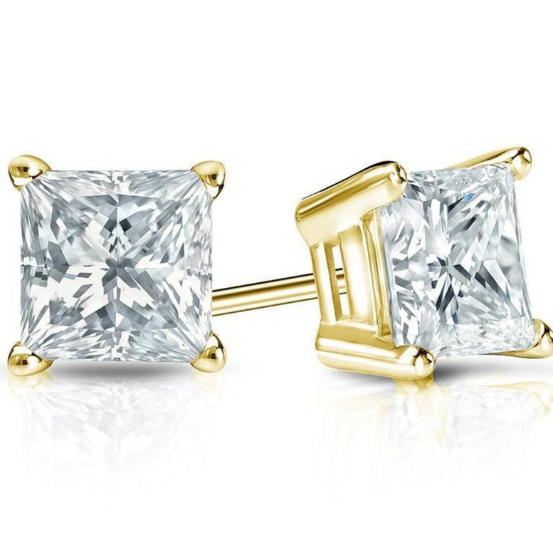 18k Yellow Gold Plated 4ct Created White Sapphire Princess Cut Stud Earrings
