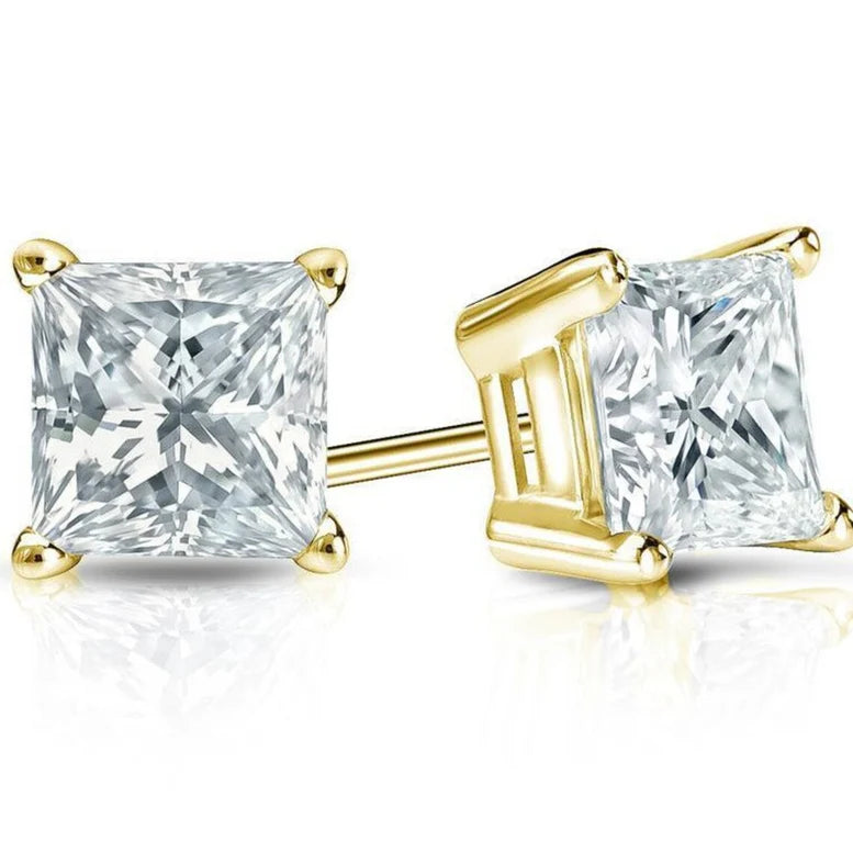 Paris Jewelry 18k Yellow Gold White Sapphire 1 Carat Princess Stud Earrings | Jewelry Gift for Women and Men