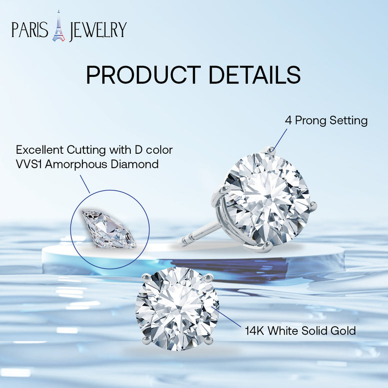 Paris Jewelry 14K White Solid Gold Created White Diamond Round 1/4Ct, 1/2Ct, 1Ct, 2Ct, 3Ct Stud Earrings - D/VVS1