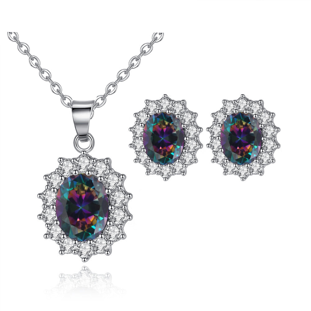 18K White Gold Created Mystic Round 1 Carat Oval Necklace Plated 18 inch