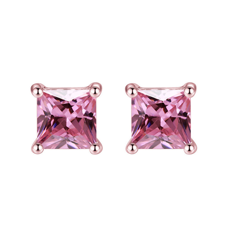 18k Rose Gold 1/2 Ct Pink Sapphire Princess Cut Stud Earrings 6mm Plated