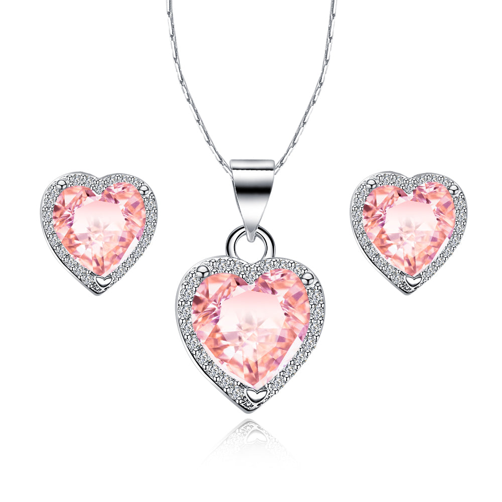 Paris Jewelry 18k White Gold Plated Heart 4 Carat Created Pink Sapphire Full Set Necklace, Earrings 18 Inch