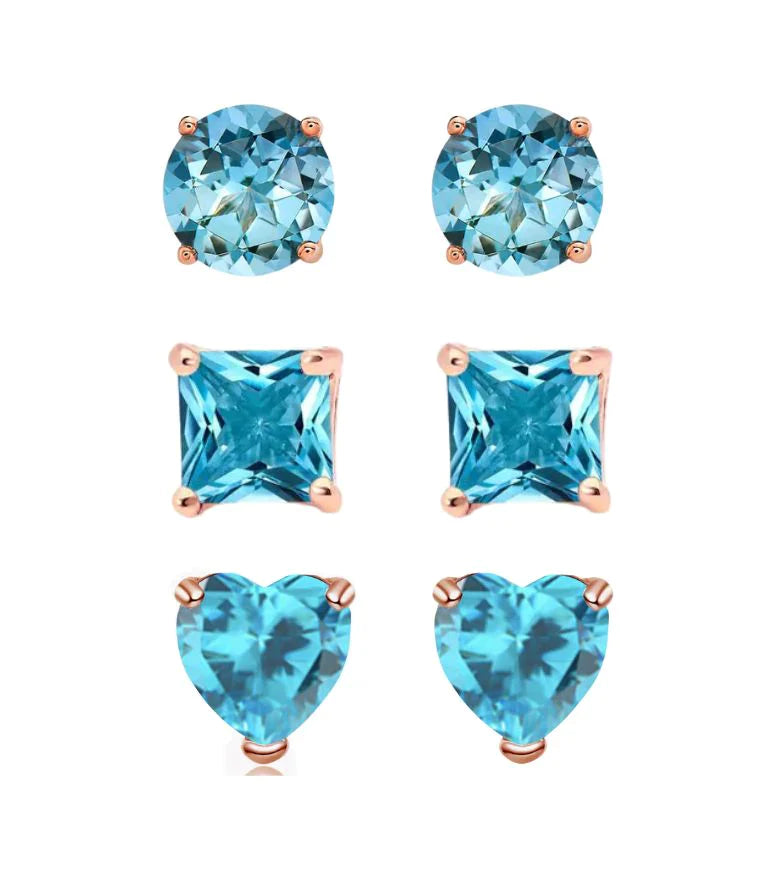 18k Rose Gold Plated 4Cttw Created Blue Topaz 3 Pair Round, Square and Heart Stud Earrings