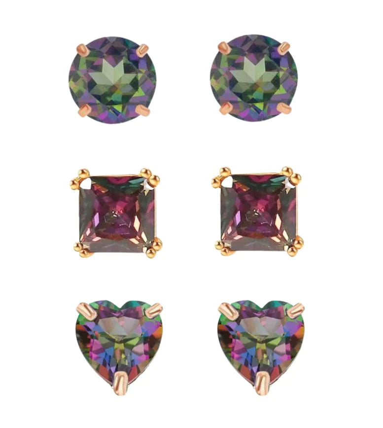 18k Rose Gold Plated 4Cttw Created Mystic 3 Pair Round, Square and Heart Stud Earrings