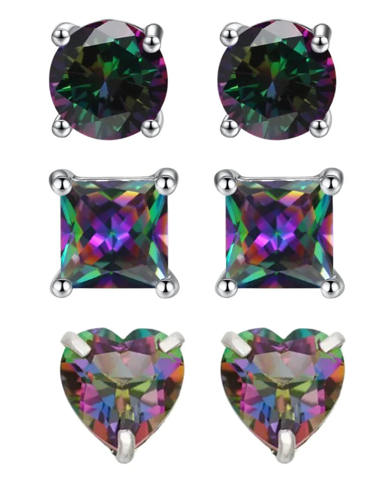 18k White Gold Plated 6mm Created Mystic 3 Pair Round, Square and Heart Stud Earrings
