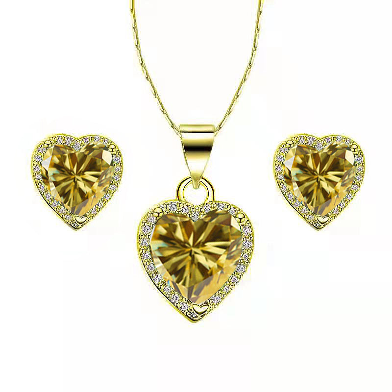 Paris Jewelry 18k Yellow Gold Plated Heart 4 Carat Created Yellow Sapphire Full Set Necklace, Earrings 18 Inch