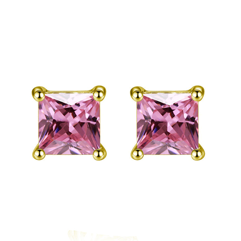 14k Yellow Gold 1Ct Princess Pink Tourmaline Cubic Zirconia Stud Earrings Plated