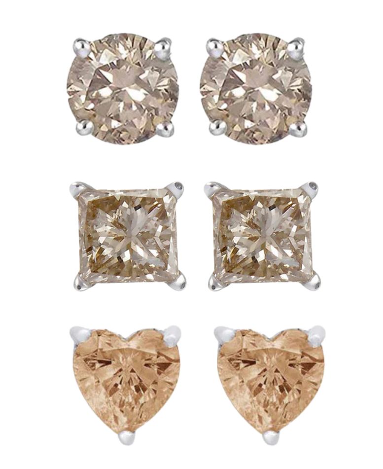 Paris Jewelry 18k White Gold Created Champagne 3 Pair Round, Square and Heart Stud Earrings Plated 4mm
