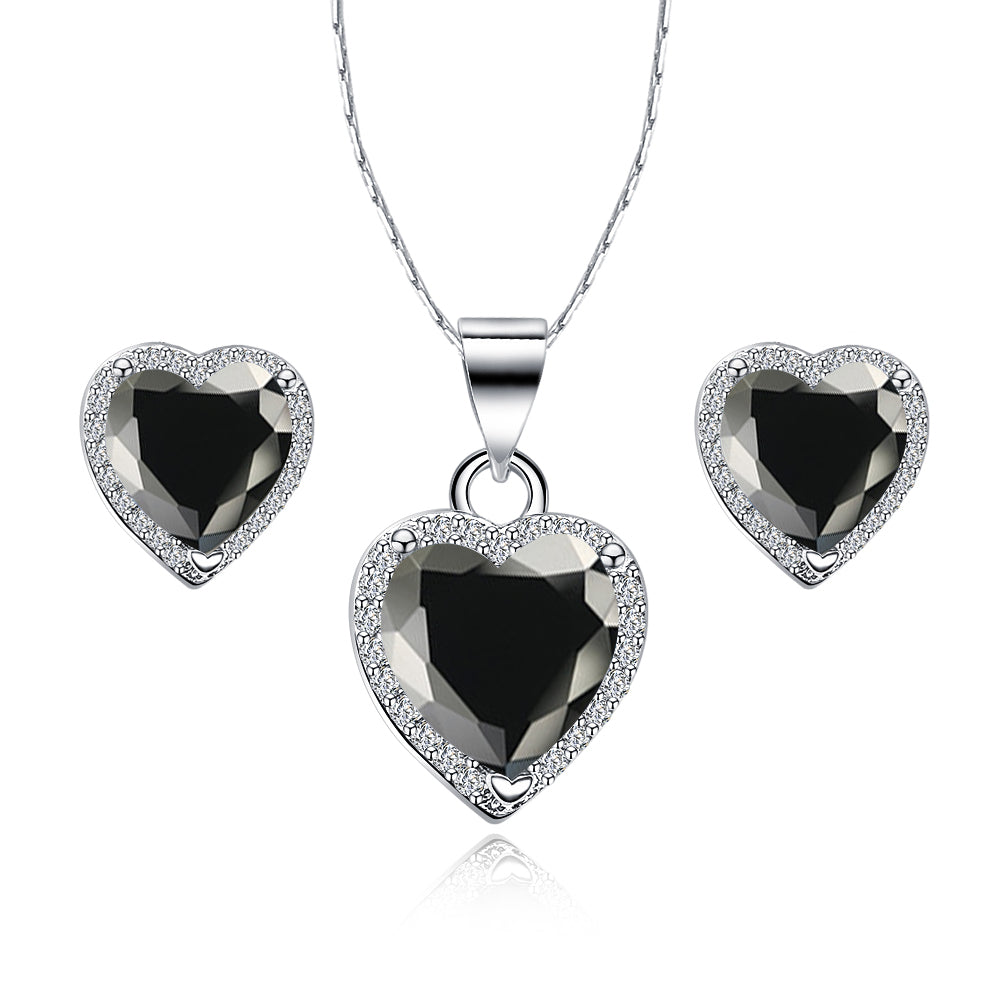 Paris Jewelry 18k White Gold Plated Heart 4 Carat Created Black Sapphire Full Set Necklace, Earrings 18 Inch
