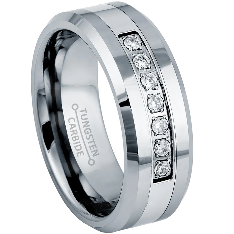 Paris Jewelry 8mm Tungsten Diamond Ring Wedding Band For Unisex (Size 7 - 12)