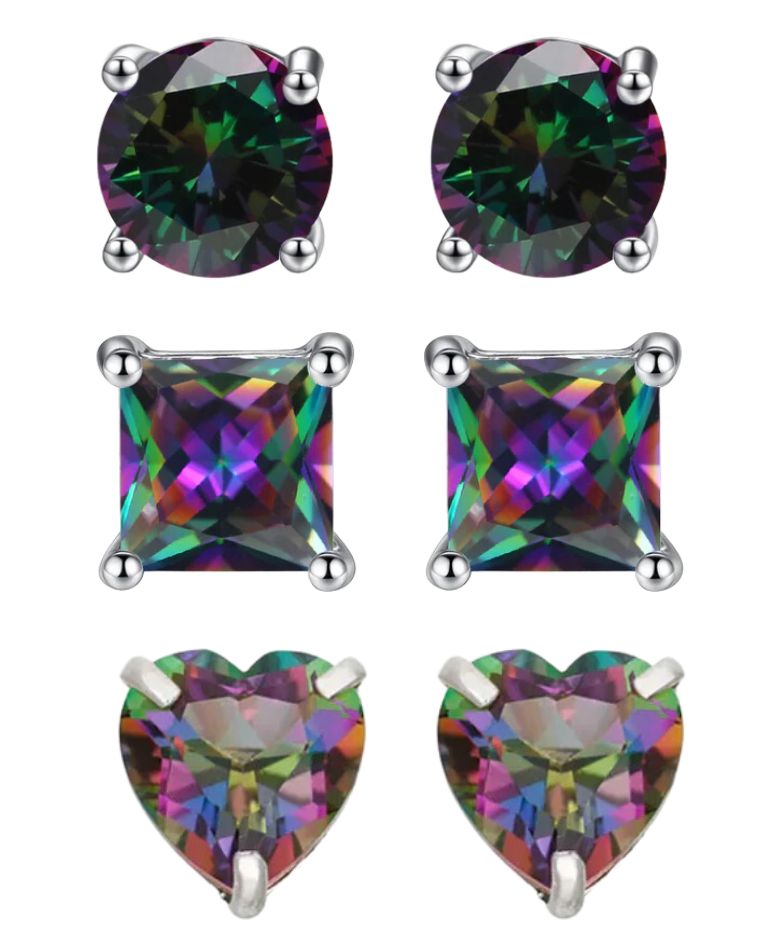Paris Jewelry 18k White Gold 4Cttw Created Mystic 3 Pair Round, Square and Heart Stud Earrings Plated