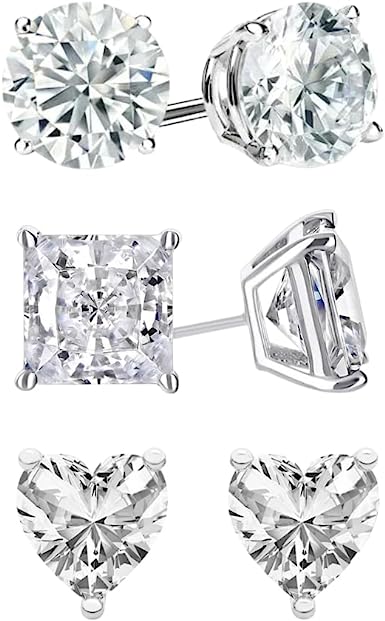 18k White Gold Moissanite 3 Pair Round, Square And Heart Stud Earrings Plated 4mm by Paris Jewelry
