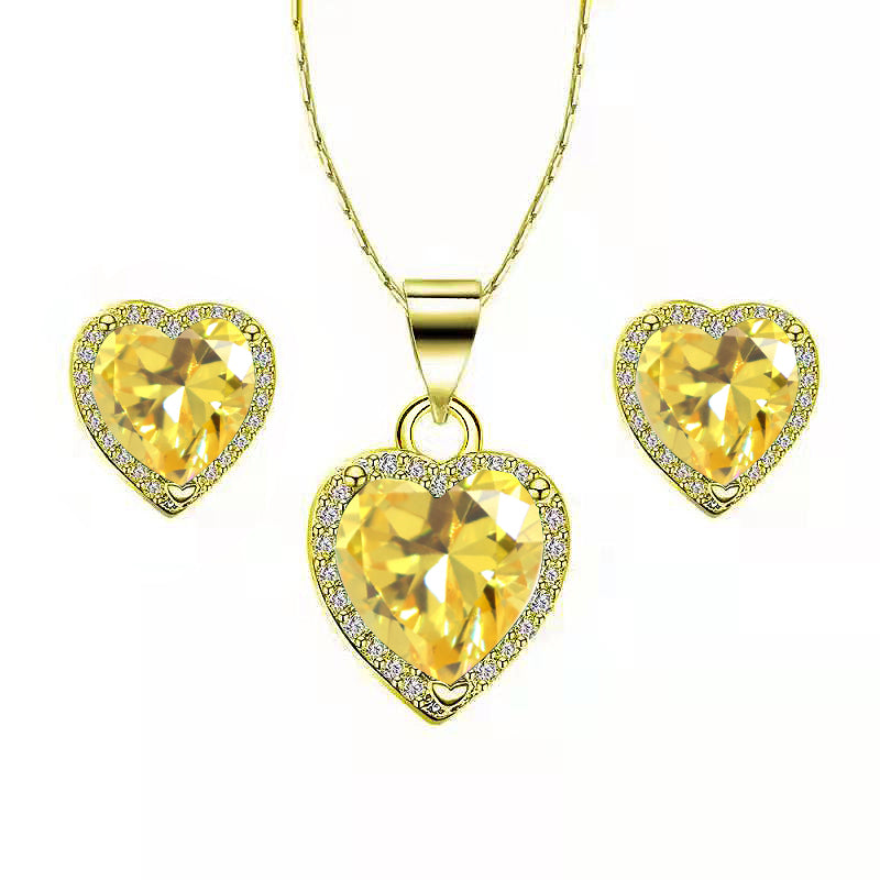 Paris Jewelry 18k Yellow Gold Plated Heart 4 Carat Created Citrine Full Set Necklace, Earrings 18 Inch