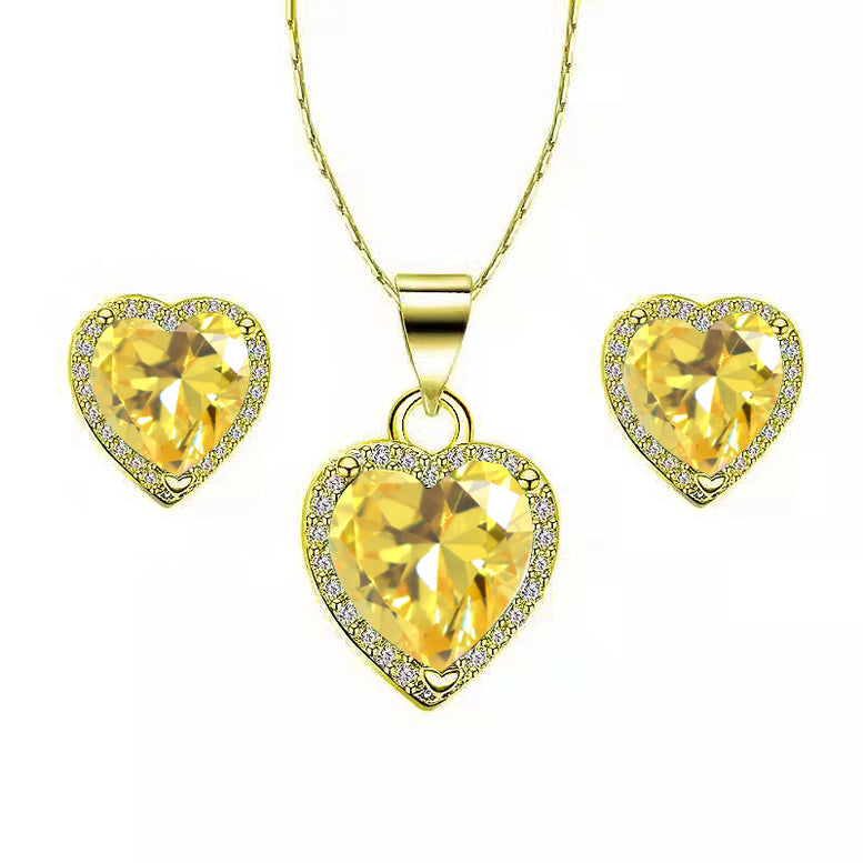 Paris Jewelry 18k Yellow Gold Plated Heart 4 Carat Created Citrine Full Set Necklace, Earrings 18 Inch