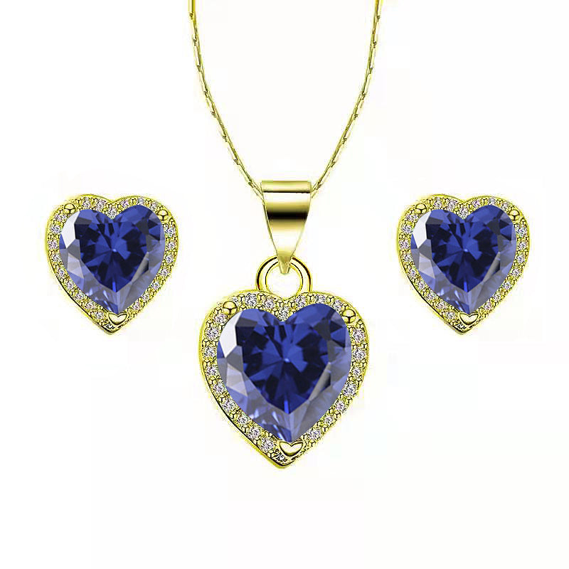 Paris Jewelry 18k Yellow Gold Plated Heart 4 Carat Created Blue Sapphire Full Set Necklace, Earrings 18 Inch