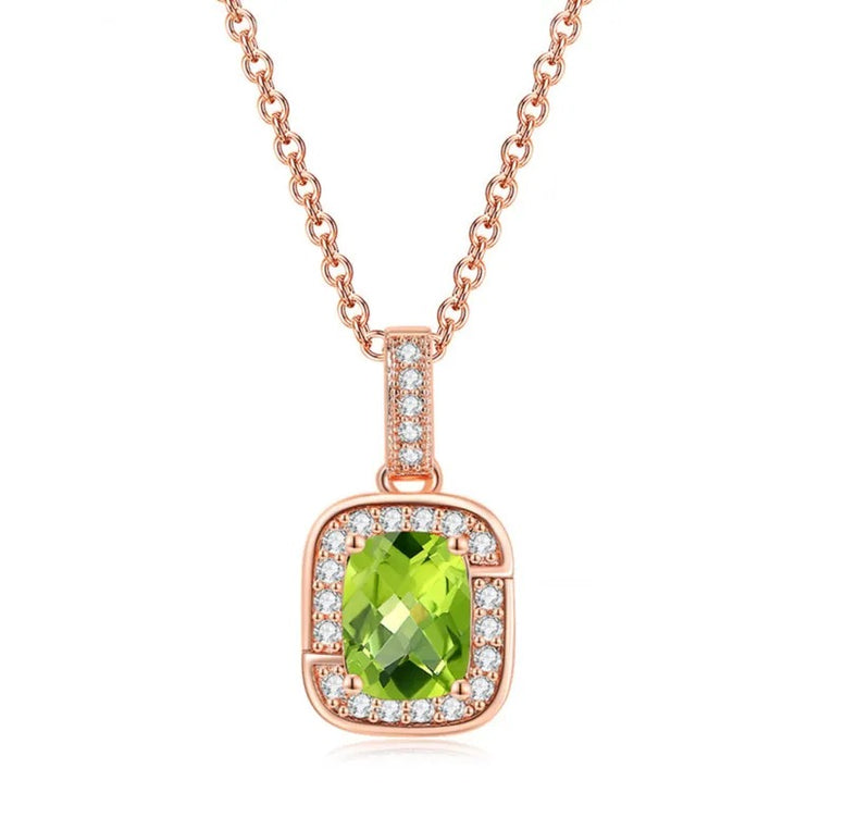 18K Rose Gold Created Peridot Princess Halo Pendant Necklace, Earrings and Tennis Bracelet Jewelry Set Plated